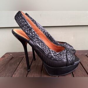 Elegant LAMB Black Woven Platform Heels